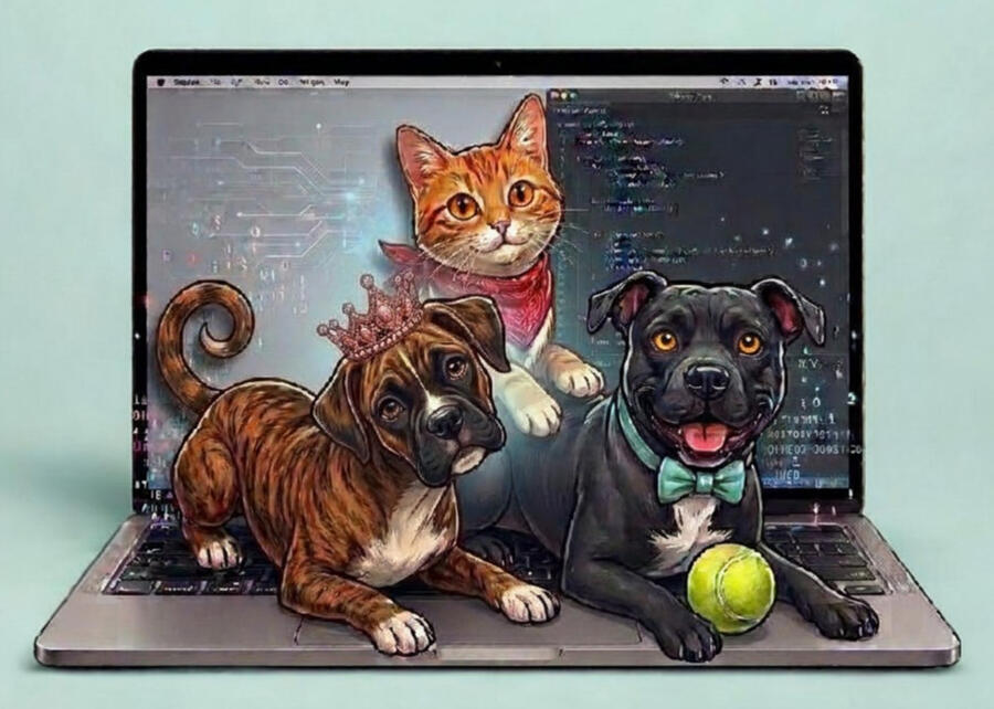 Illustrated portrait of the SECRT LLC animal team. Chester the orange cat sitting atop a laptop displaying code, Tubzz the boxer wearing a crown, and Snoop Dogg the black pittie wearing a teal bow tie with a tennis ball.