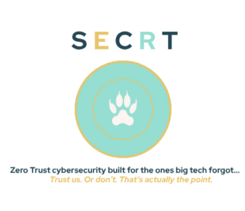 SECRT LLC logo featuring the word SECRT above a teal circle with a linen colored paw print inside a champagne gold ring detail.